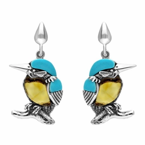 Sterling Silver Amber Turquoise Kingfisher Drop Earrings