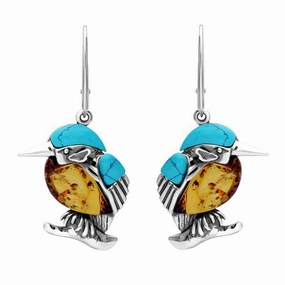 Sterling Silver Amber Turquoise Kingfisher Hook Drop Earrings
