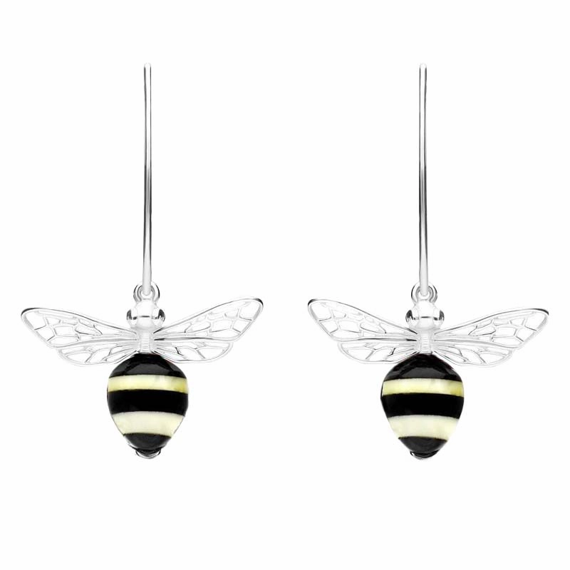 Sterling Silver Amber Whitby Jet Bee Small Hook Earrings