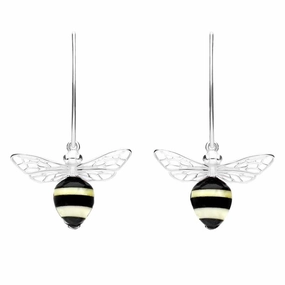 Sterling Silver Amber Whitby Jet Bee Small Hook Earrings