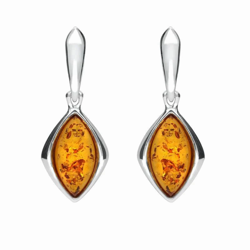 Sterling Silver Amber Wide Marquise Open Back Drop Earrings