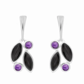 Sterling Silver Amethyst Whitby Jet Drop Stud Earrings