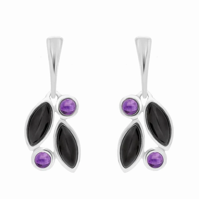Sterling Silver Amethyst Whitby Jet Drop Stud Earrings