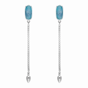 Sterling Silver Aquamarine Lineaire Long Drop Stud Earrings