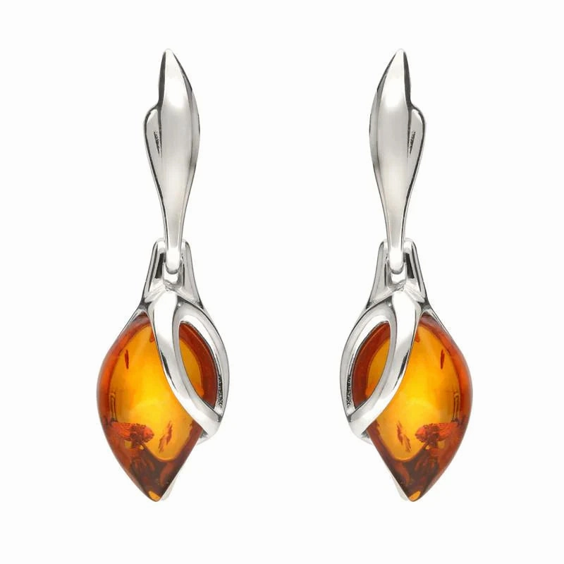 Sterling Silver Baltic Amber Leaf Drop Earrings