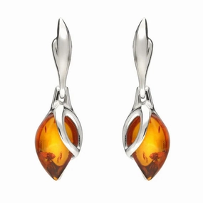 Sterling Silver Baltic Amber Leaf Drop Earrings