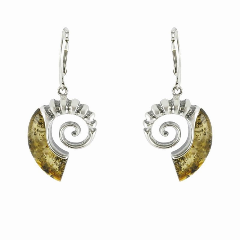 Sterling Silver Baltic Amber Shell Drop Earrings
