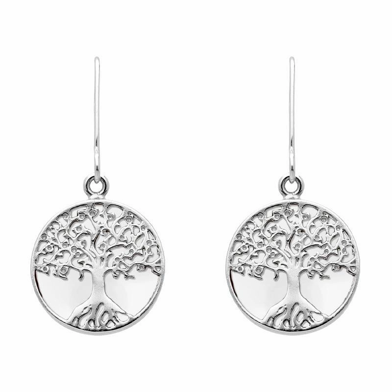 Sterling Silver Bauxite Round Tree of Life Drop Earrings