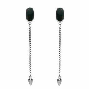 Sterling Silver Bloodstone Lineaire Long Drop Stud Earrings