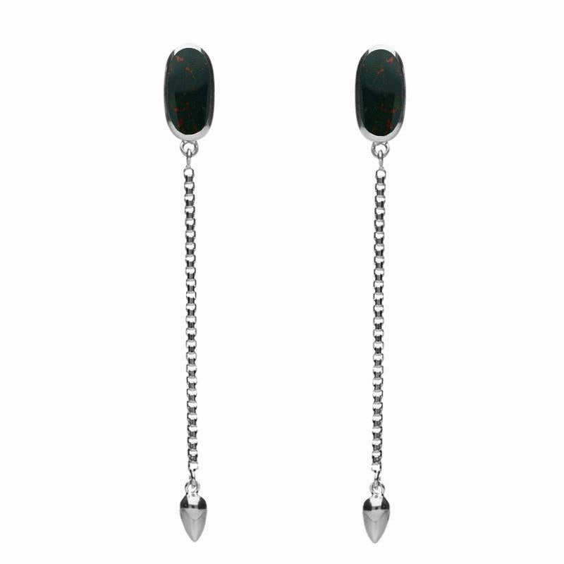 Sterling Silver Bloodstone Lineaire Long Drop Stud Earrings