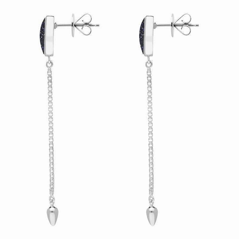 Sterling Silver Blue Goldstone Lineaire Long Drop Stud Earrings