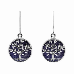 Sterling Silver Blue Goldstone Round Large Tree of Life Leaves Drop Earrings