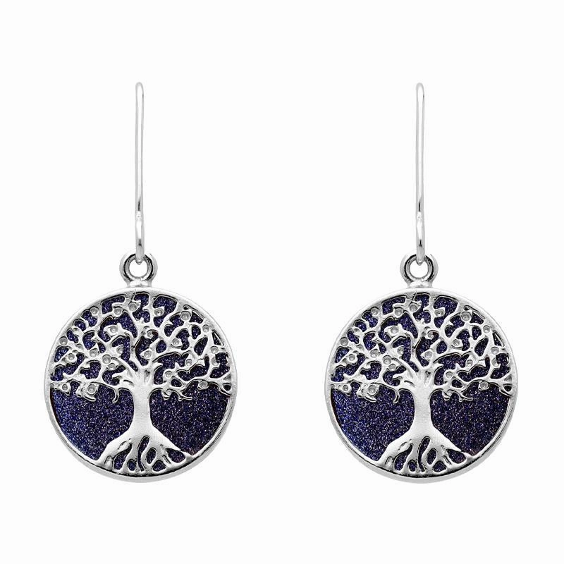 Sterling Silver Blue Goldstone Round Tree of Life Drop Earrings