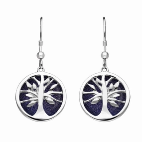 Sterling Silver Blue Goldstone Round Tree of Life Drop Earrings