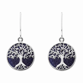 Sterling Silver Blue Goldstone Round Tree of Life Drop Earrings