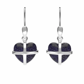 Sterling Silver Blue Goldstone Small Cross Heart Drop Earrings