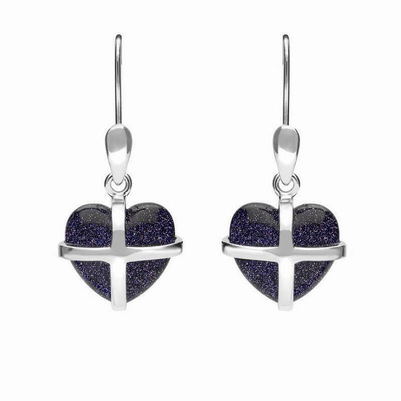 Sterling Silver Blue Goldstone Small Cross Heart Drop Earrings