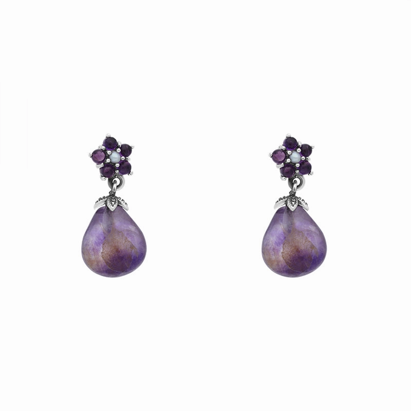 Sterling Silver Blue John Amethyst Pearl Flower Top Drop Earrings