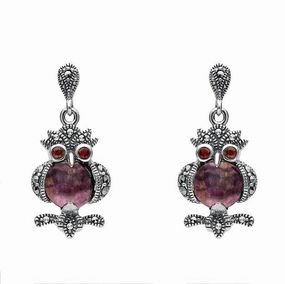Sterling Silver Blue John Marcasite and Garnet Owl Drop Earrings