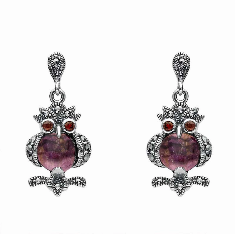 Sterling Silver Blue John Marcasite and Garnet Owl Drop Earrings