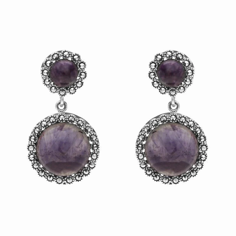 Sterling Silver Blue John Marcasite Round Double Drop Earrings