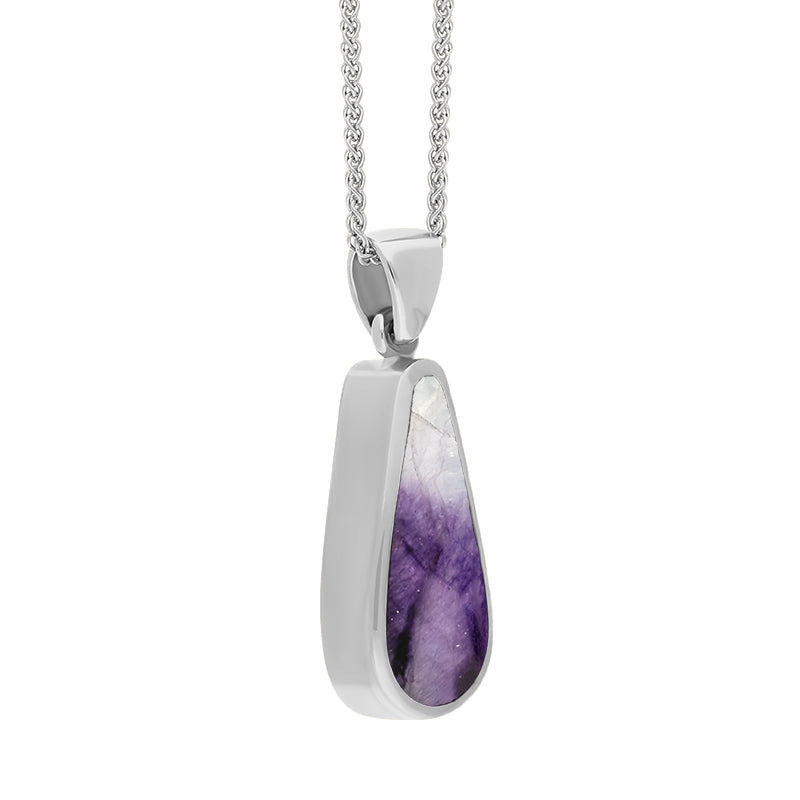 Sterling Silver Blue John Mother Of Pearl Small Double Sided Pear Cut Fob Necklace