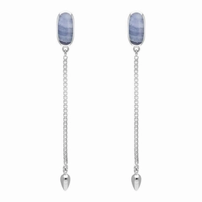 Sterling Silver Blue Lace Agate Lineaire Long Drop Stud Earrings