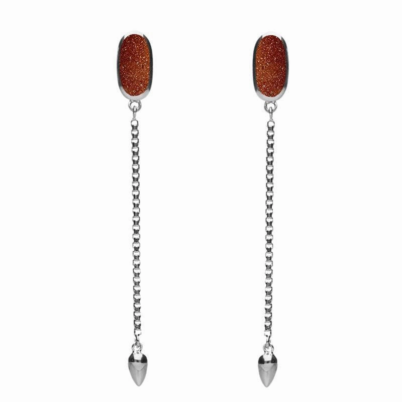 Sterling Silver Brown Goldstone Lineaire Long Drop Stud Earrings