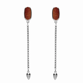 Sterling Silver Brown Goldstone Lineaire Long Drop Stud Earrings