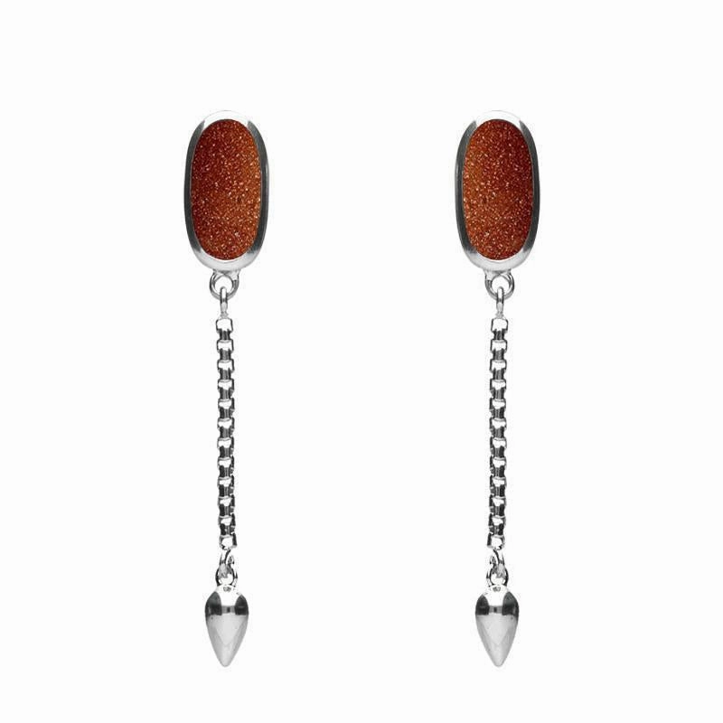 Sterling Silver Brown Goldstone Lineaire Medium Drop Stud Earrings