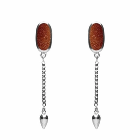 Sterling Silver Brown Goldstone Lineaire Medium Drop Stud Earrings