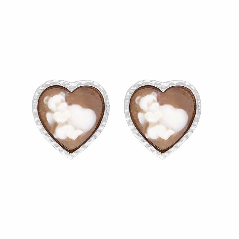 Sterling Silver Cameo Heart Teddy Stud Earrings D