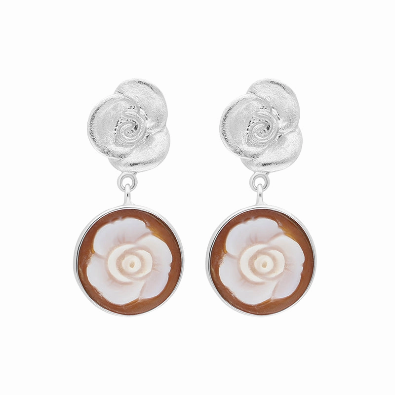 Sterling Silver Cameo Round Rose Drop Earrings D