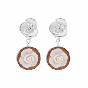 Sterling Silver Cameo Round Rose Drop Earrings D