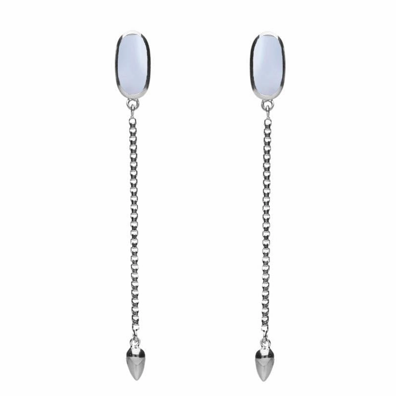 Sterling Silver Chalcedony Lineaire Long Drop Stud Earrings