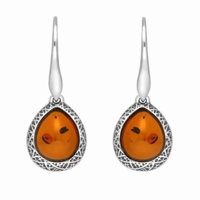 Sterling Silver Cognac Amber Basket Weave Edge Pear Hook Earrings