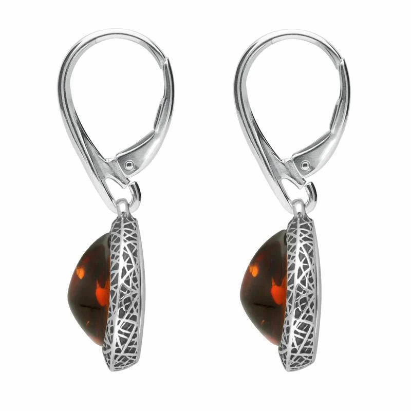 Sterling Silver Cognac Amber Basket Weave Edge Pear Hook Earrings
