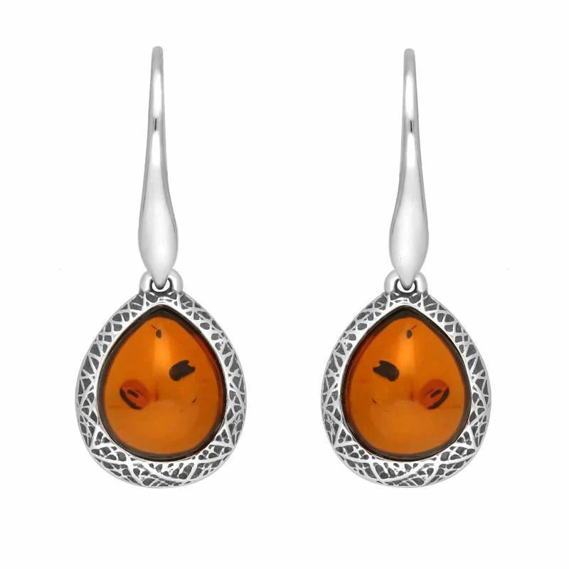 Sterling Silver Cognac Amber Basket Weave Edge Pear Hook Earrings