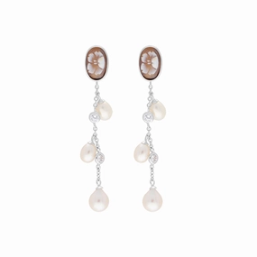 Sterling Silver Cubic Zirconia Pearl Cameo Oval Flower Drop Earrings D