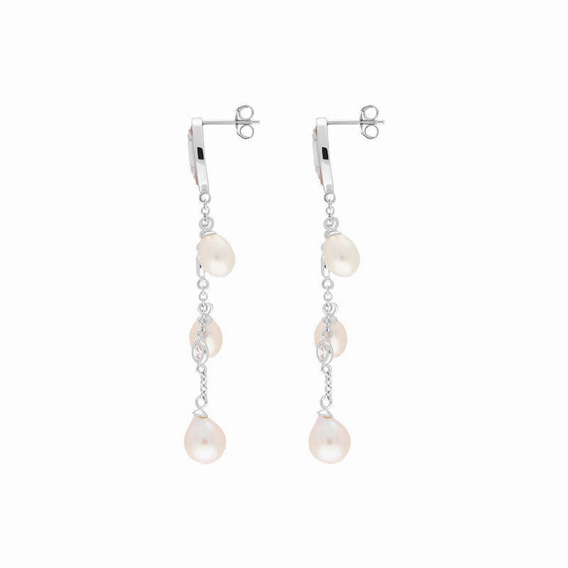 Sterling Silver Cubic Zirconia Pearl Cameo Oval Flower Drop Earrings D
