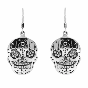 Sterling Silver Day of the Dead Skull Hook Earrings