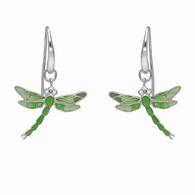 Sterling Silver Diamond Green Enamel Style & Fashion Dragonfly Drop Earrings