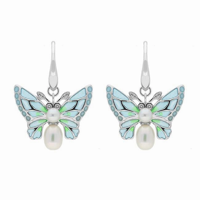 Sterling Silver Diamond Pearl Enamel Style & Fashion Butterfly Drop Earrings