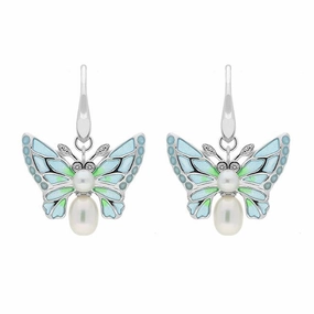 Sterling Silver Diamond Pearl Enamel Style & Fashion Butterfly Drop Earrings