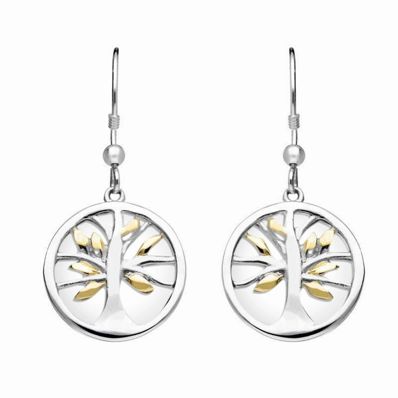Sterling Silver Gold Plate Bauxite Round Tree of Life Drop Earrings