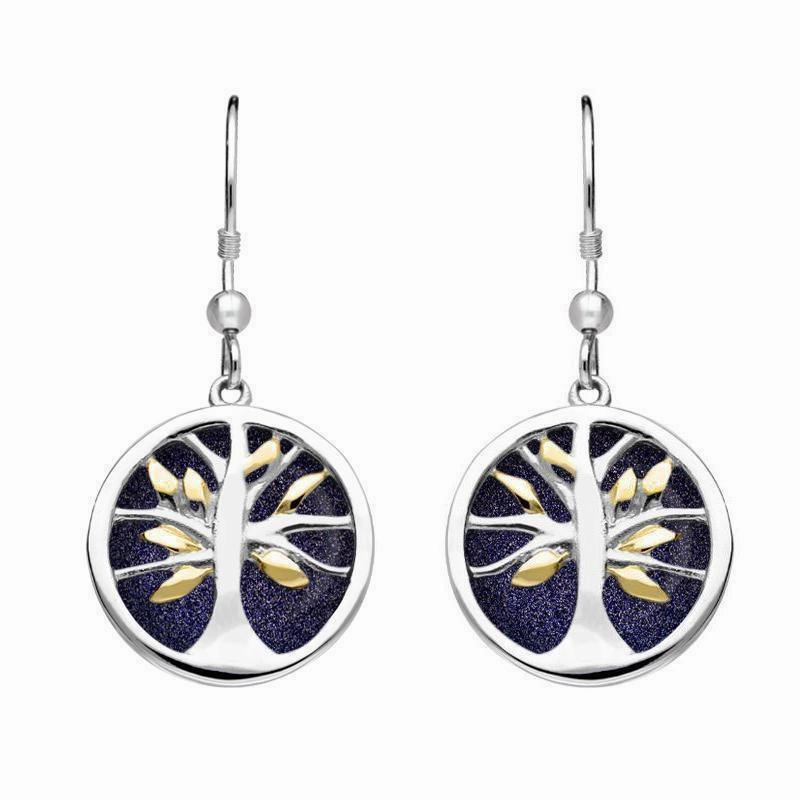Sterling Silver Gold Plate Blue Goldstone Round Tree of Life Drop Earrings