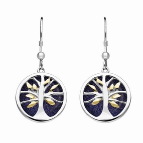 Sterling Silver Gold Plate Blue Goldstone Round Tree of Life Drop Earrings