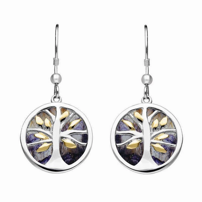 Sterling Silver Gold Plate Blue John Round Tree of Life Drop Earrings