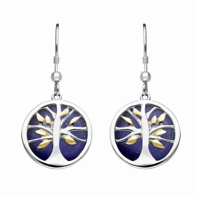 Sterling Silver Gold Plate Lapis Lazuli Round Tree of Life Drop Earrings