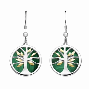 Sterling Silver Gold Plate Malachite Round Tree of Life Drop Earrings